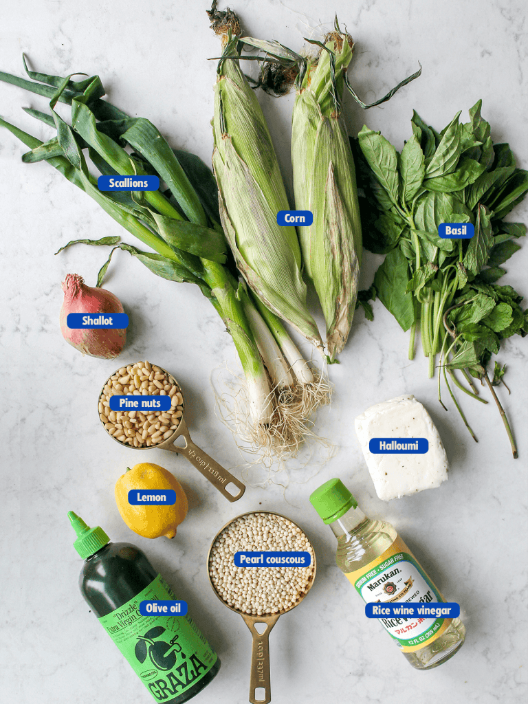 Listed ingredients of pearl couscous salad