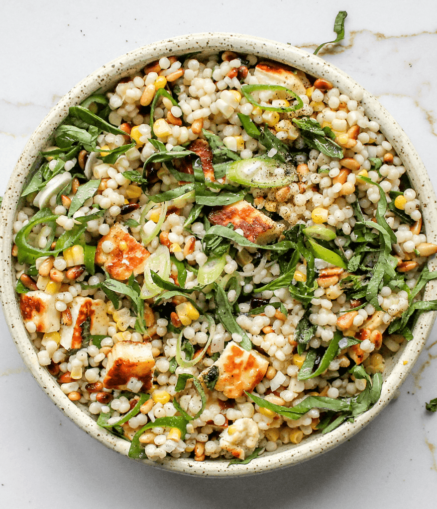 bowl of pearl couscous salad