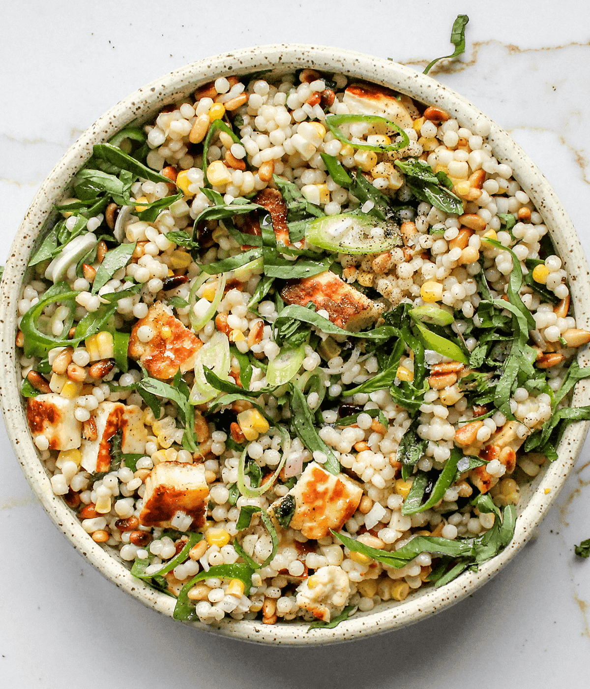 bowl of pearl couscous salad