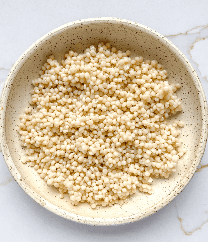 pearl couscous in a bowl for a pearl couscous salad