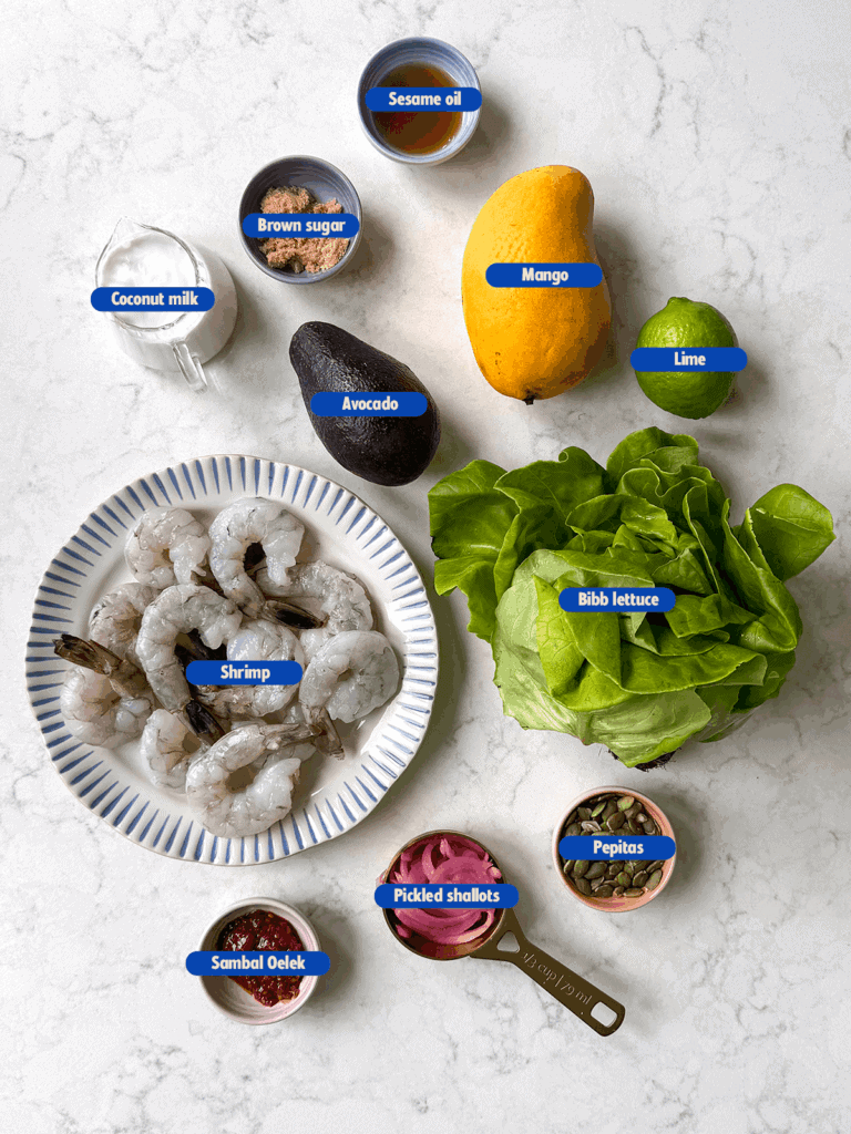 labeled ingredients for mango avocado shrimp salad