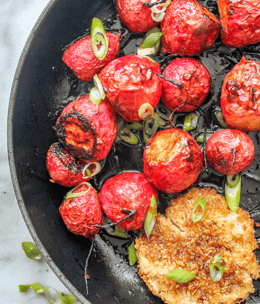 skillet of roasted radishes