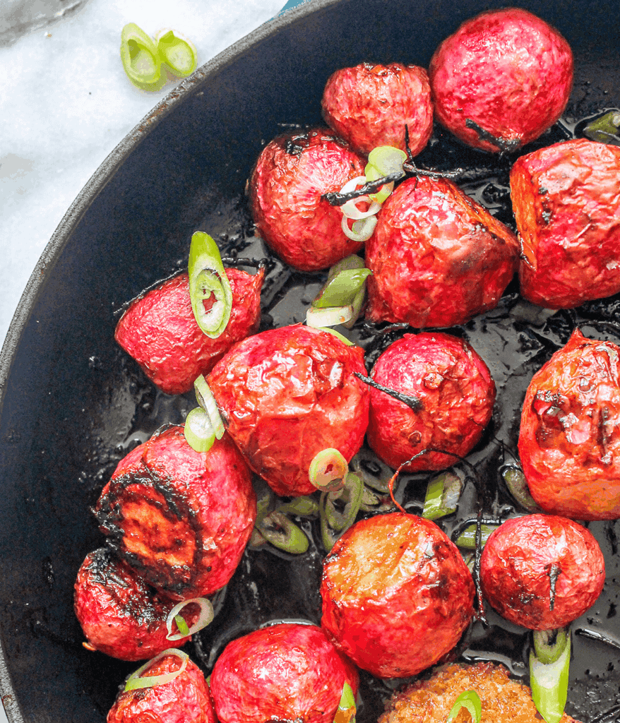 close up of roasted radishes