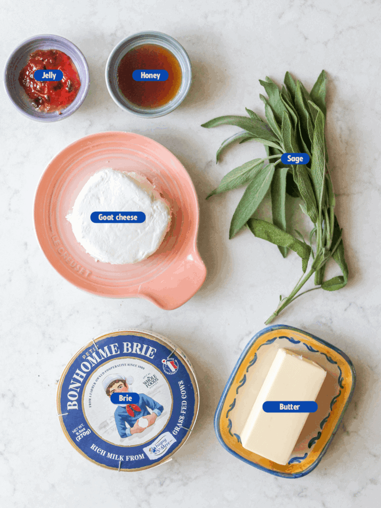 labeled ingredients for baked brie & goat