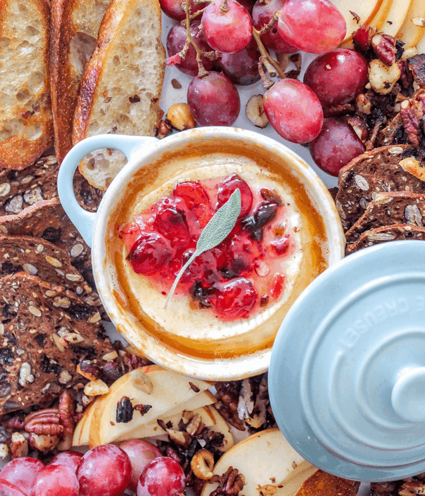 cheese board with baked brie & goat cheese.