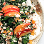 close of photo of peach and burrata salad in a plate