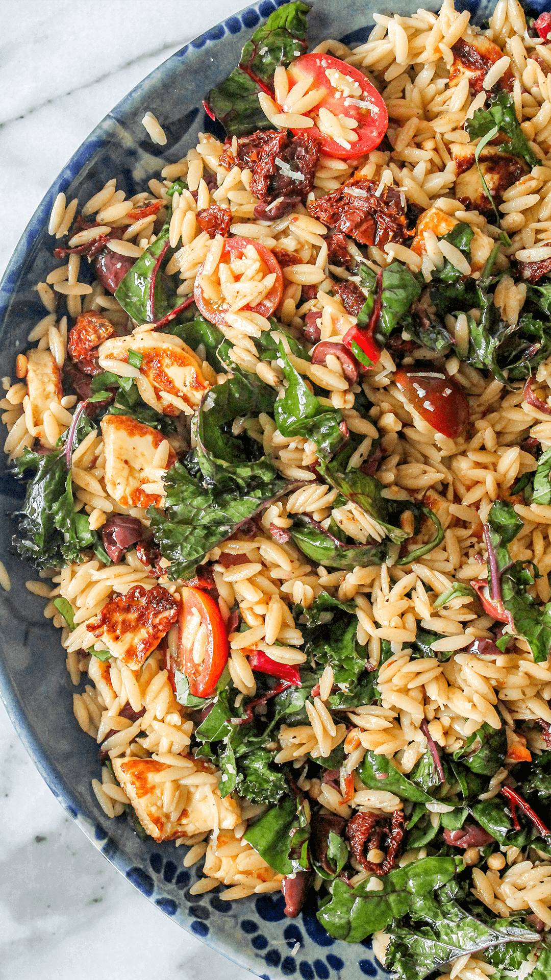 close up of Mediterranean Orzo Salad