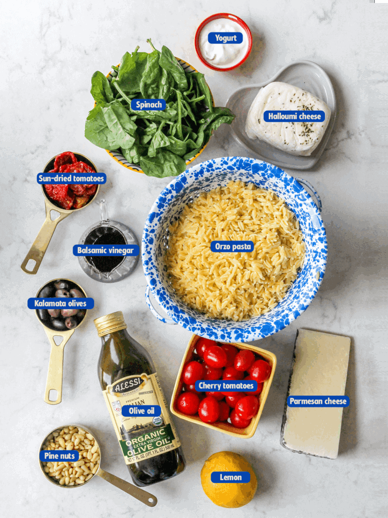 labeled ingredients of Mediterranean Orzo Salad