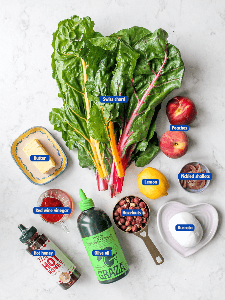 labeled ingredients of the peach and burrata salad
