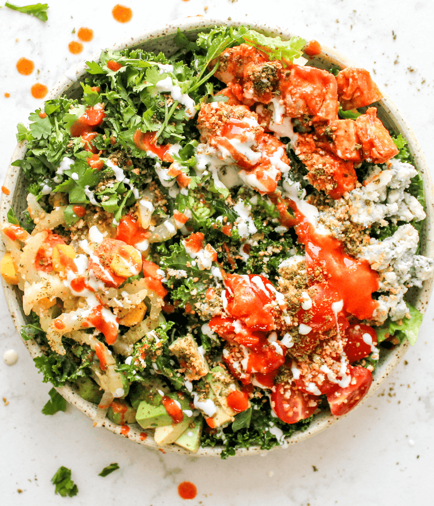 Finished buffalo chicken salad in a large bowl.