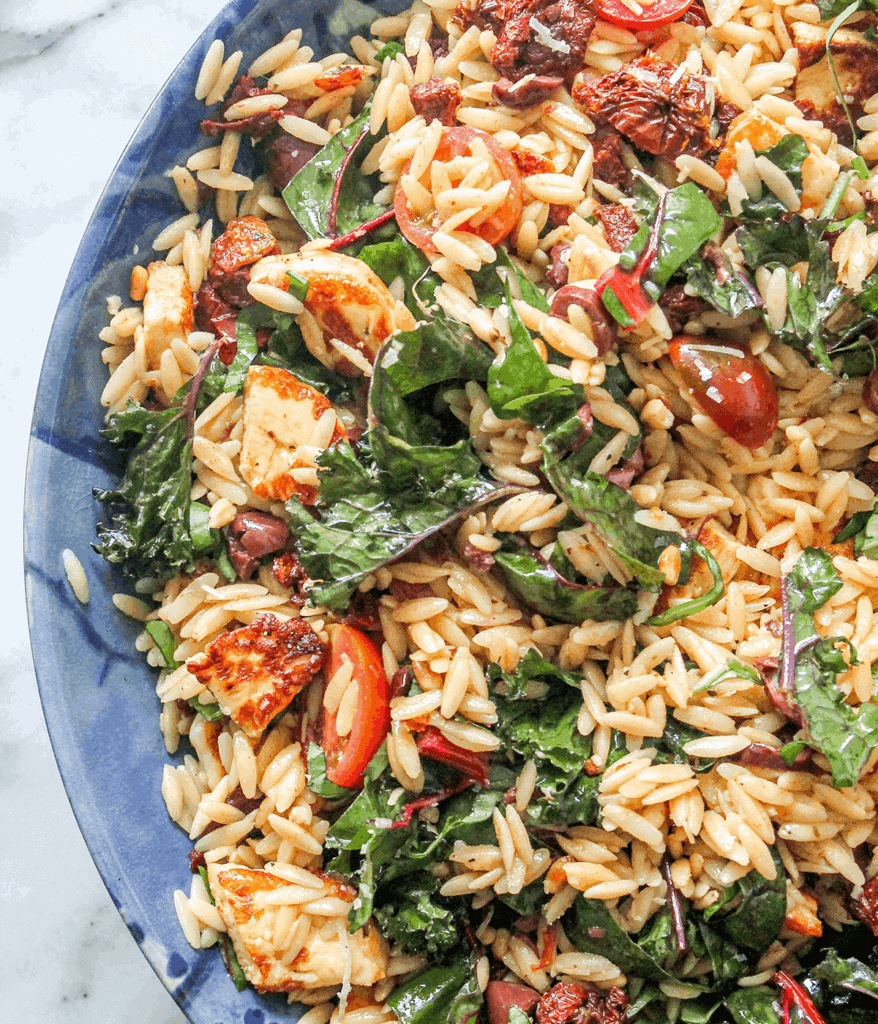 close up of Mediterranean Orzo Salad