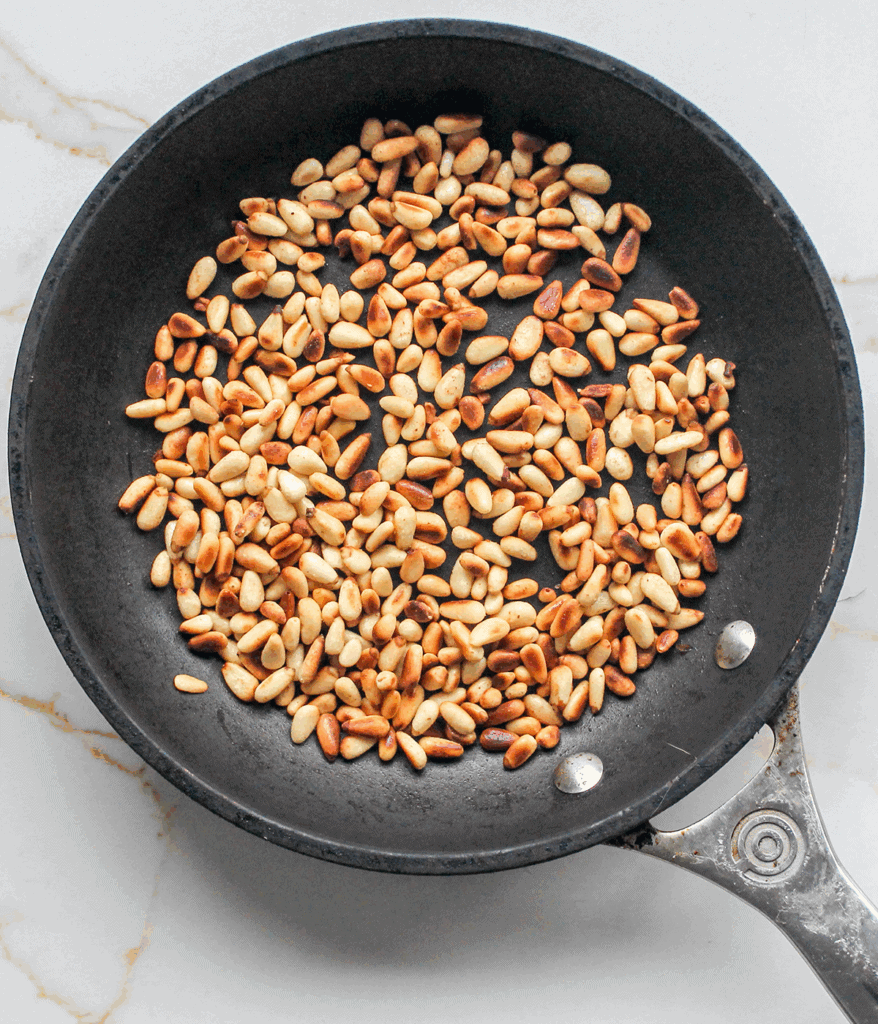 pine nuts toasting for Mediterranean Orzo Salad