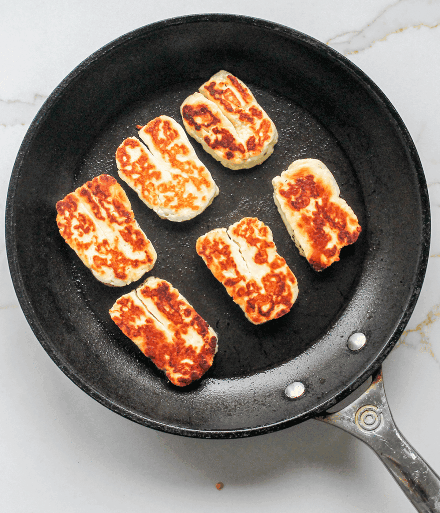 halloumi in pan for Mediterranean Orzo Salad