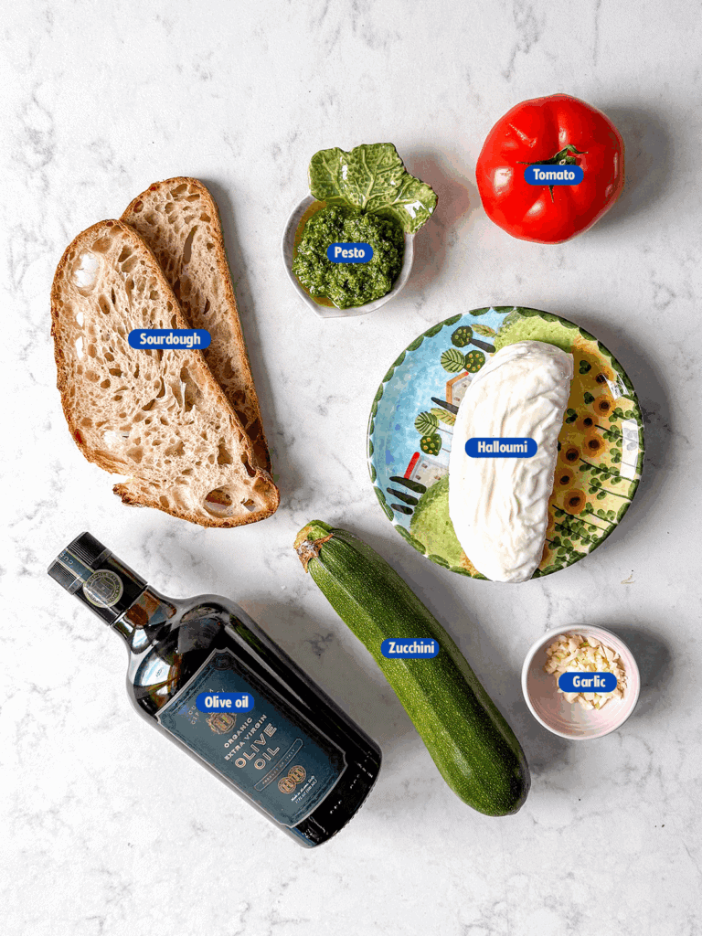 labeled ingredients for zucchini halloumi sandwich