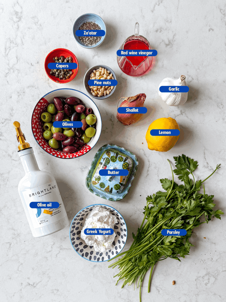 labeled ingredients for olive dip
