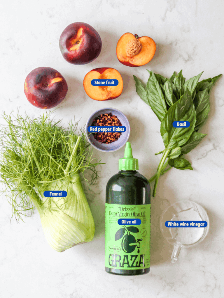 labeled ingredients for Fennel and Stone fruit Salad