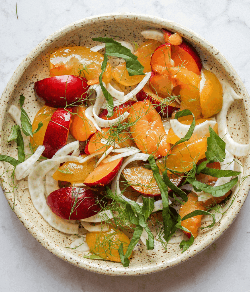 close up of bowl of Fennel and Stone fruit Salad