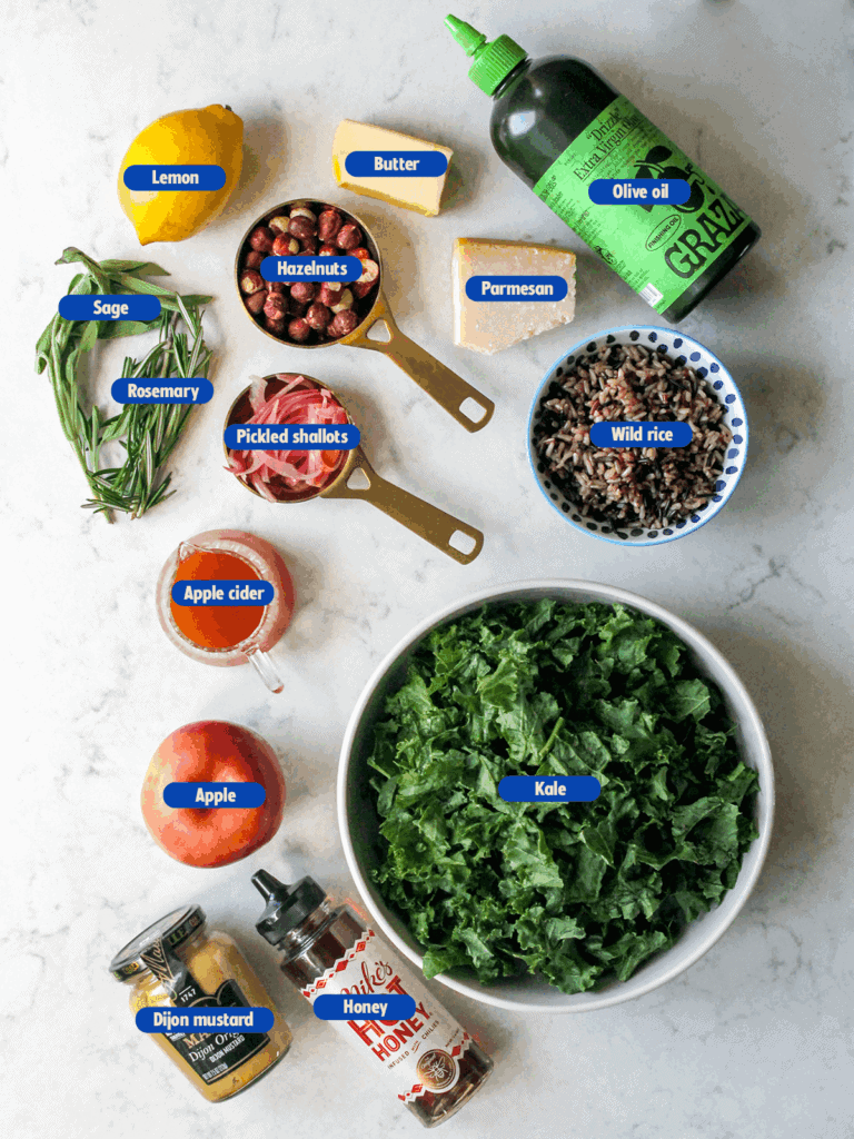 labeled ingredients for Wild Rice Salad with Kale
