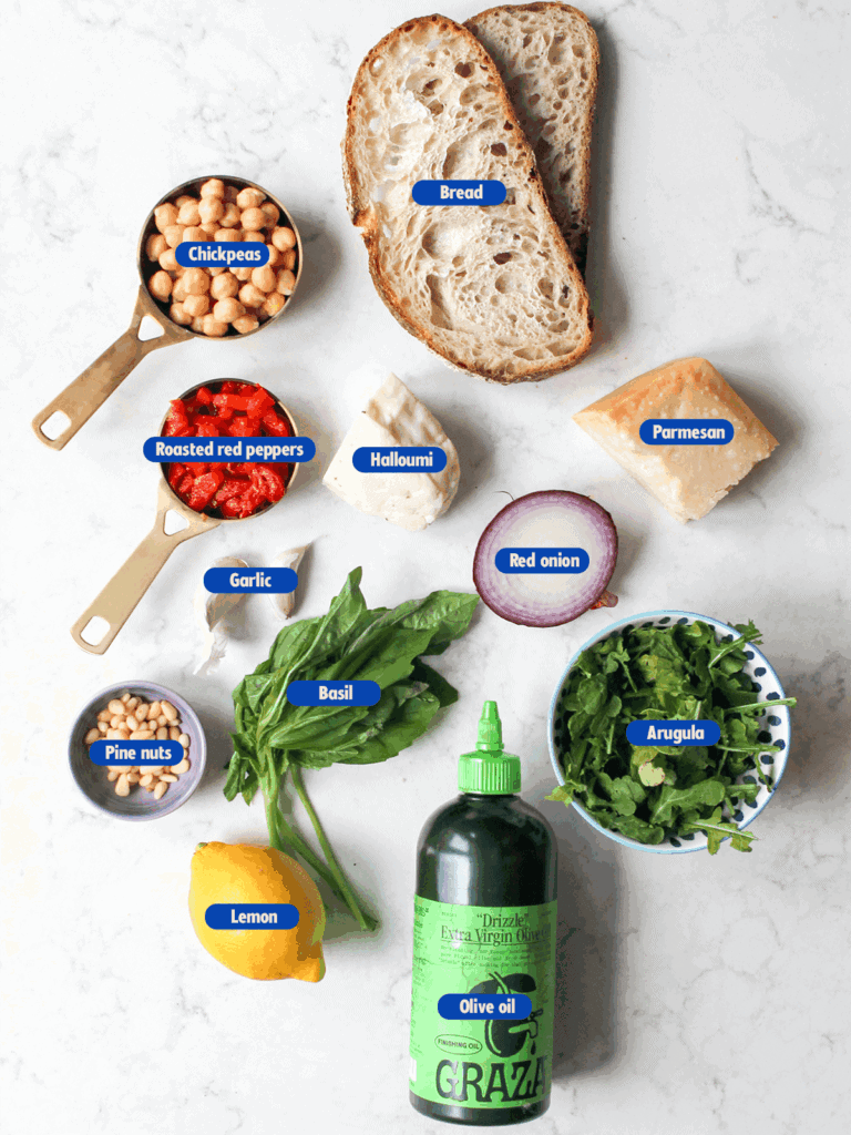 labeled ingredients for Pesto hummus sandwich