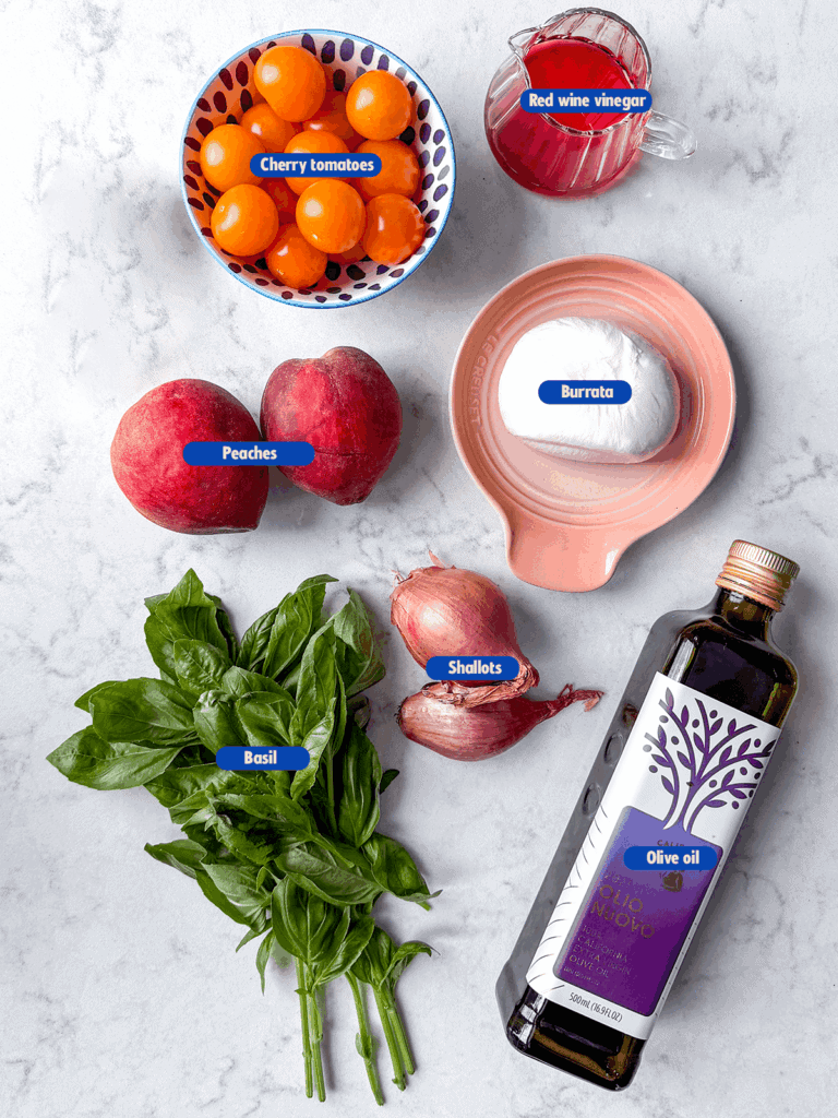 labeled ingredients for peach tomato salad