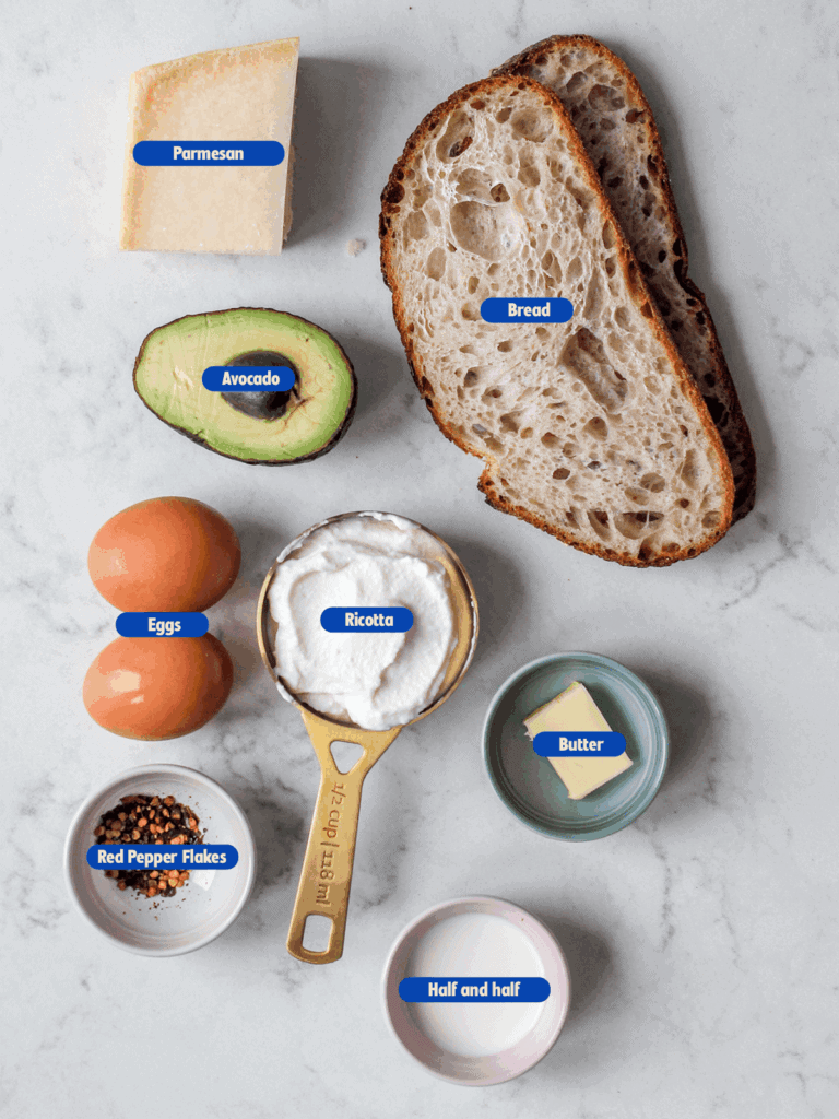 labeled ingredients for a ricotta scramble
