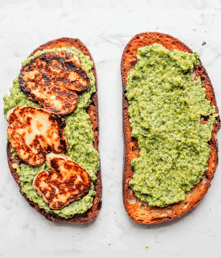 open face assembly of pesto hummus sandwich