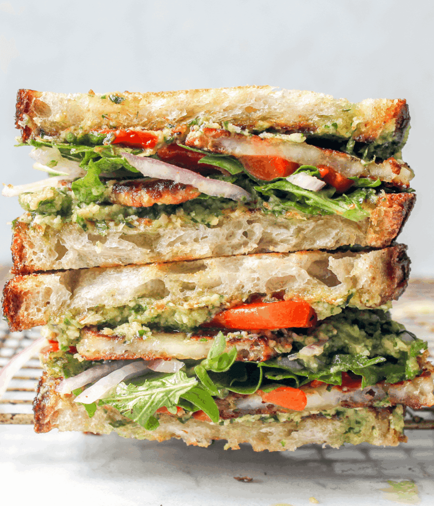 stacked pesto hummus sandwich