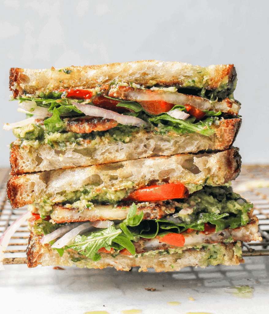 stacked pesto hummus sandwich