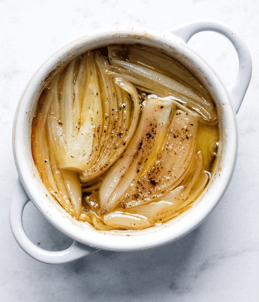 shallot confit for peach tomato salad