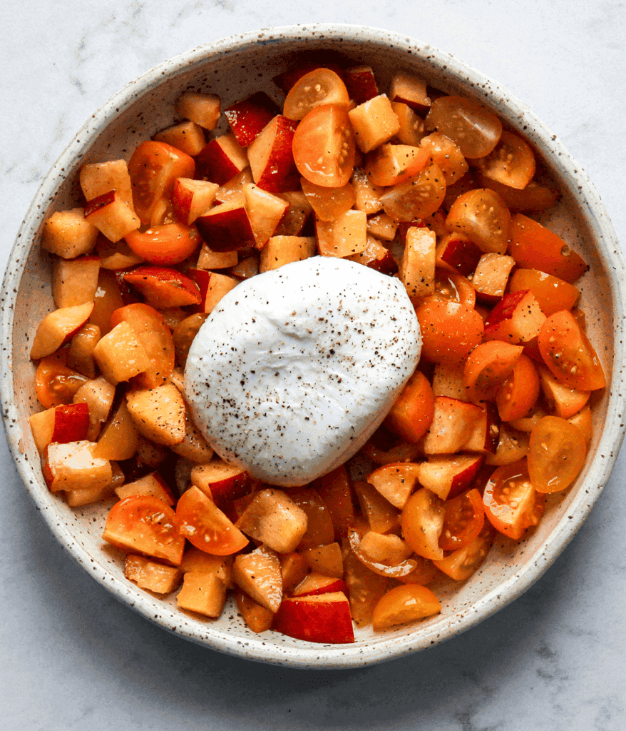 peaches, tomatoes and burrata for peach tomato salad