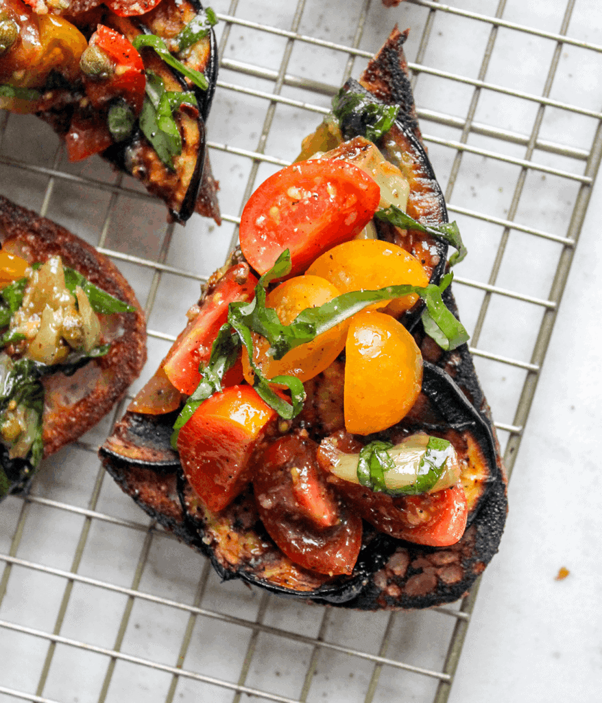 grilled eggplant with tomato on toast