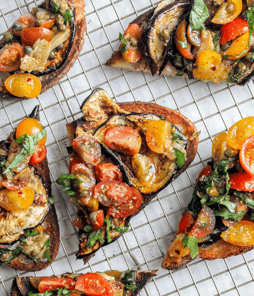 grilled eggplant with tomato on toast