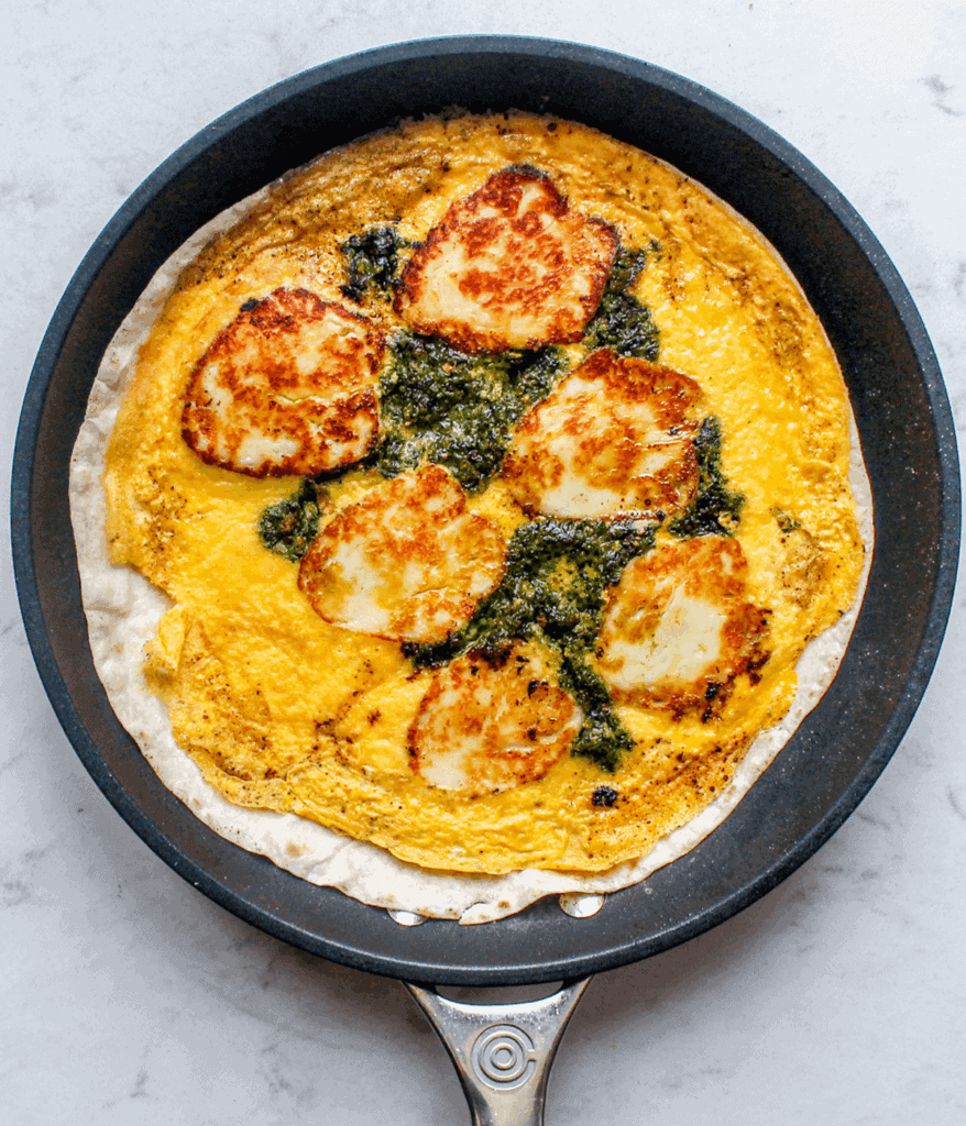 halloumi egg wrap in a pan