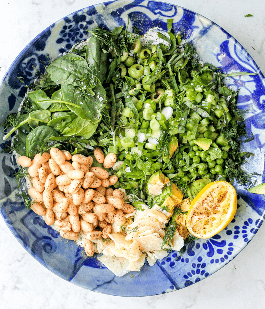 green goddess salad ingredients in large bowl