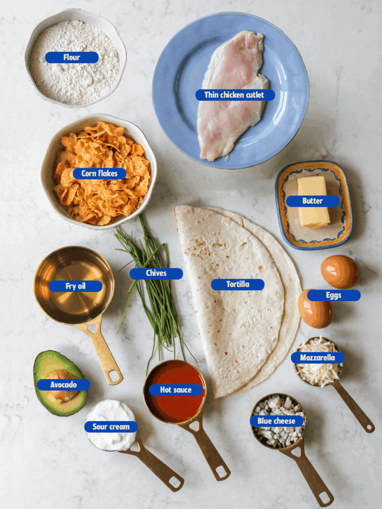 ingredients for a buffalo chicken breakfast burrito