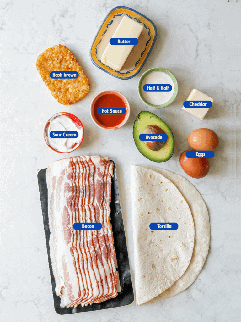 labeled ingredients of a hash brown breakfast burrito