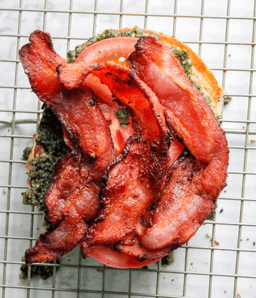 layered ingredients for blt bagel