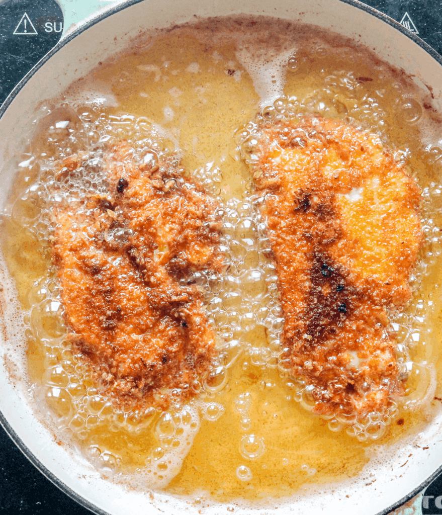 frying chicken for buffalo chicken breakfast burrito
