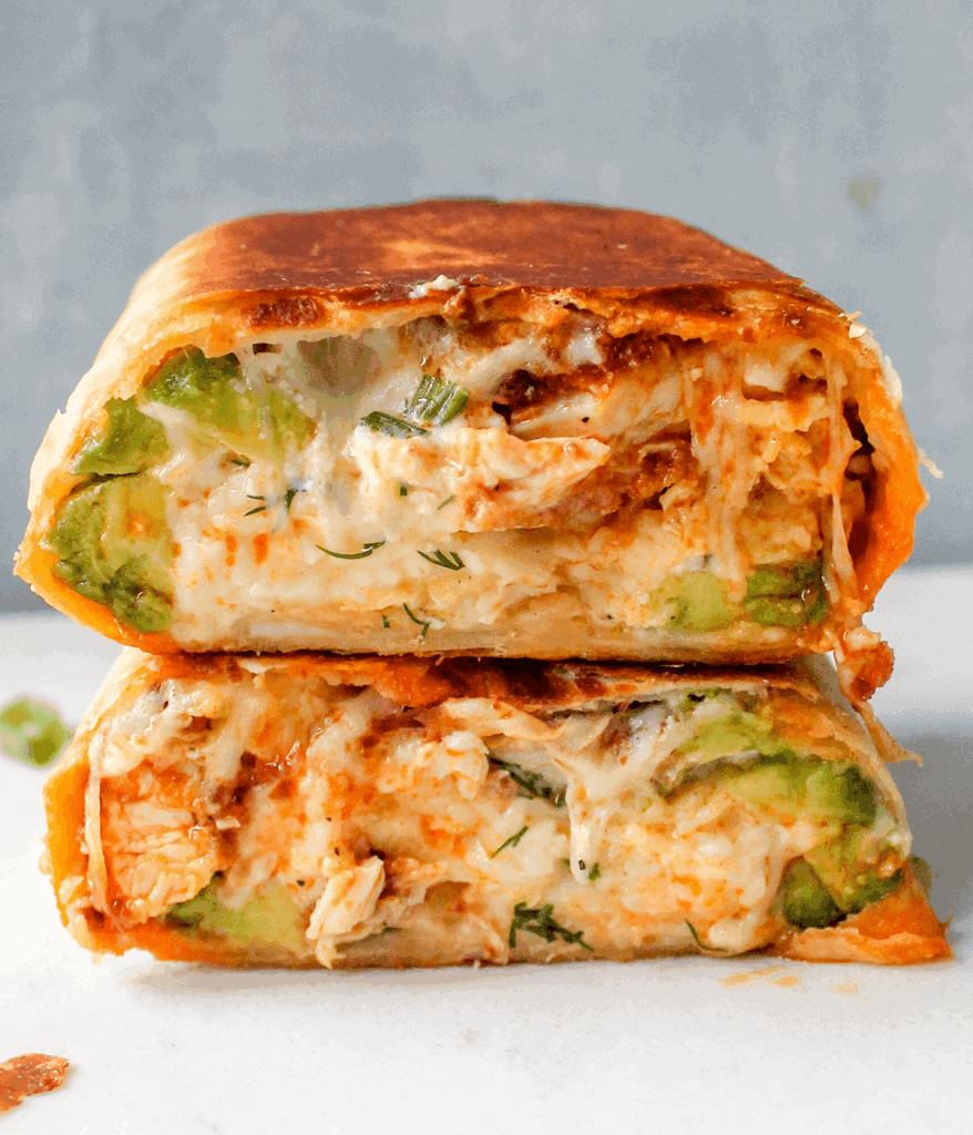 close up of buffalo chicken breakfast burrito