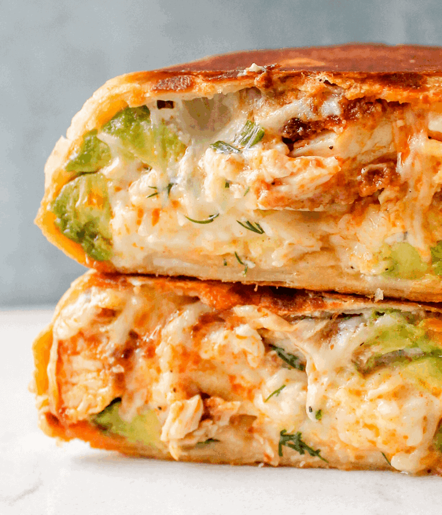 close up of buffalo chicken breakfast burrito
