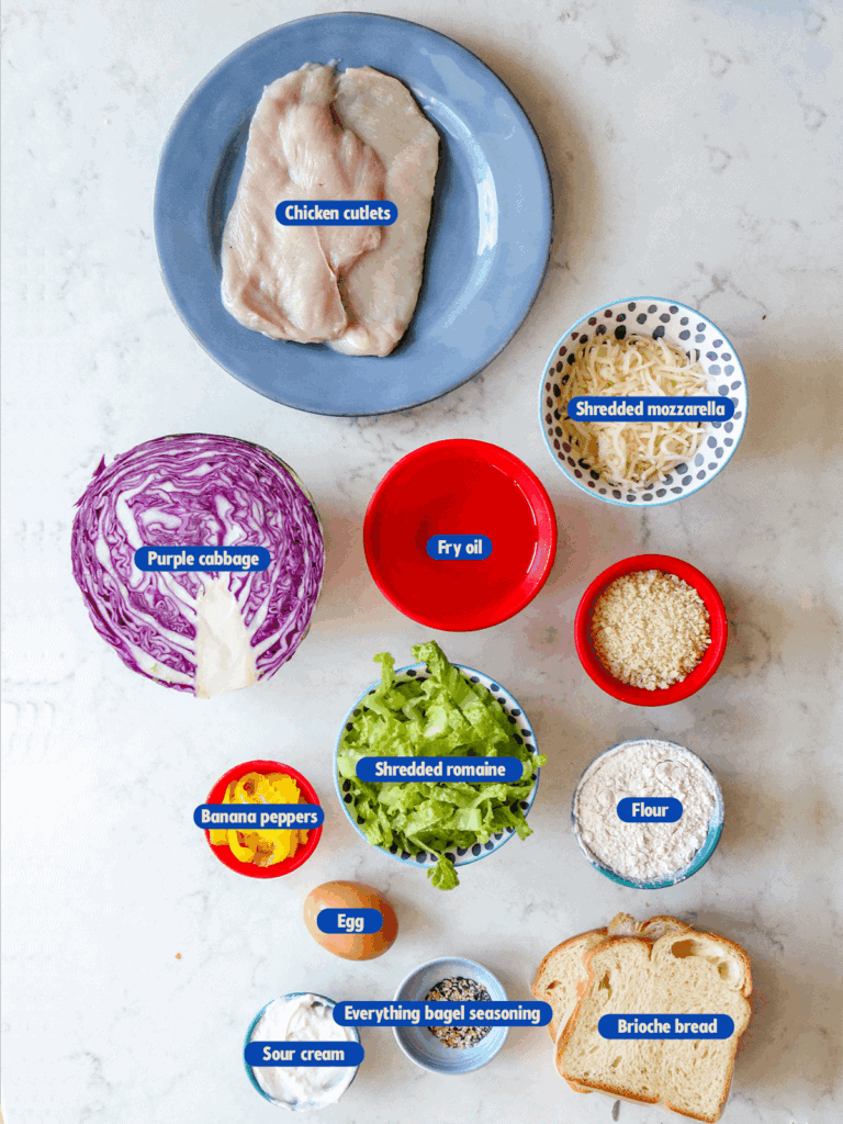 labeled ingredients for crispy chicken sandwich pickled slaw