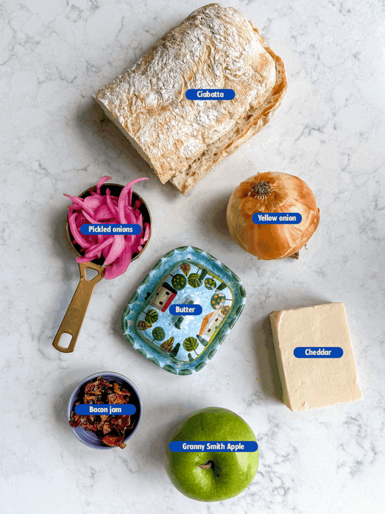 labeled ingredients for apple grilled cheese
