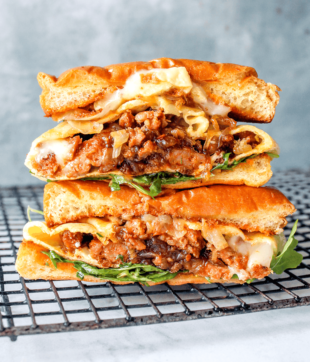 stacked fancy sausage egg cheese