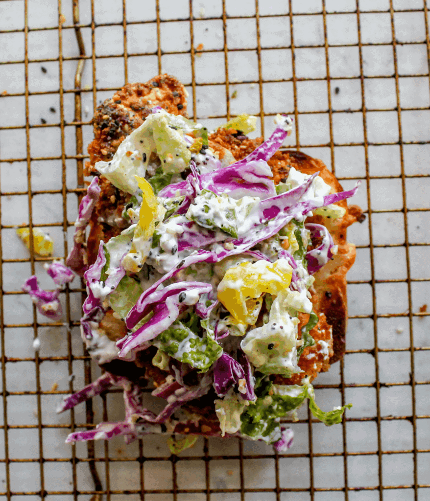 open faced crispy chicken sandwich pickled slaw