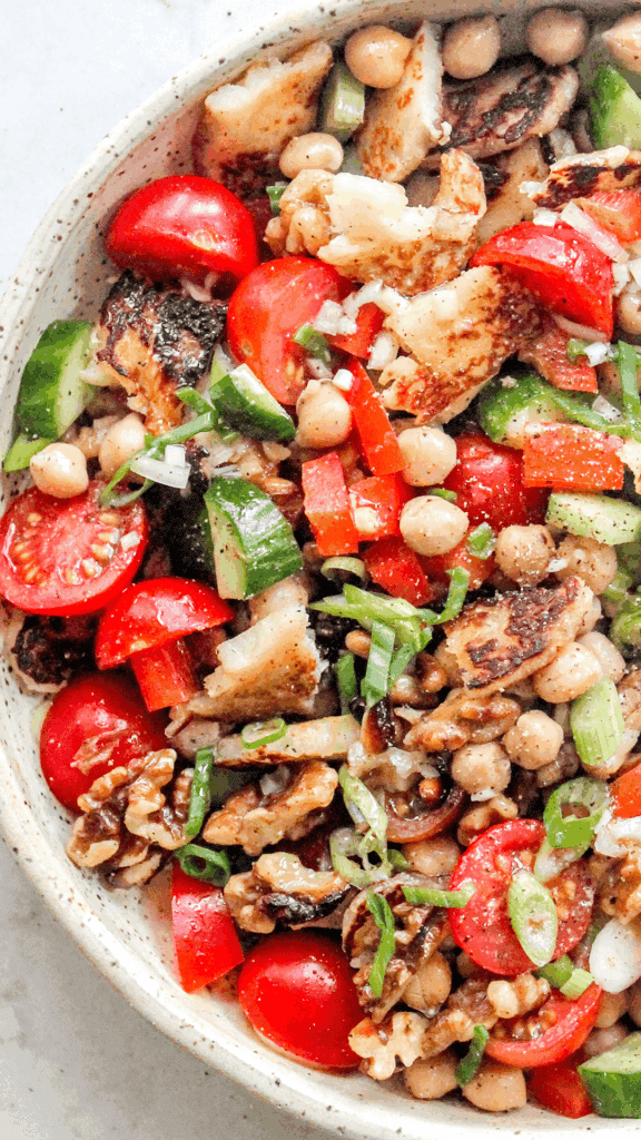 close up of chickpea and halloumi salad