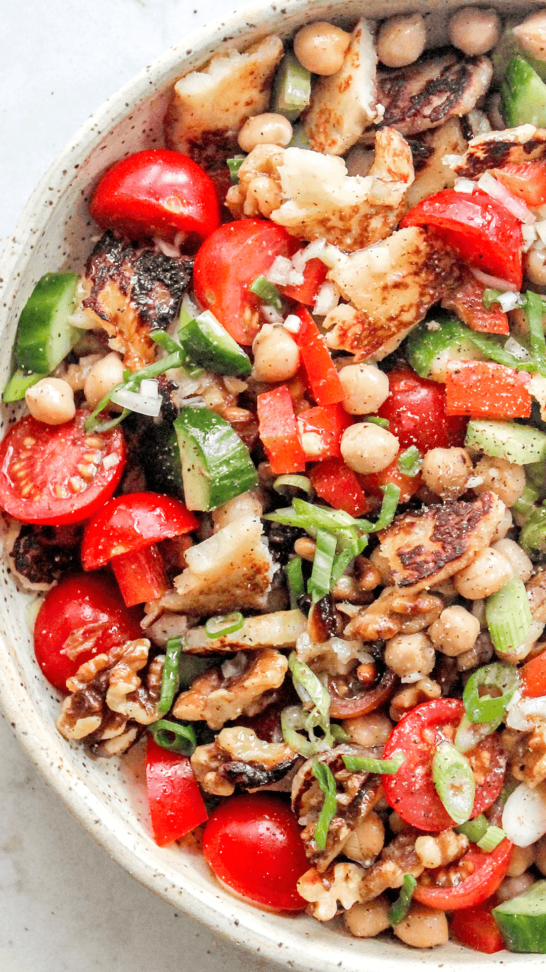 close up of chickpea and halloumi salad