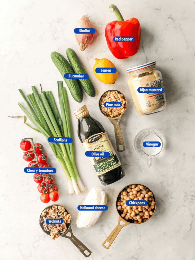labeled ingredients for chickpea and halloumi salad