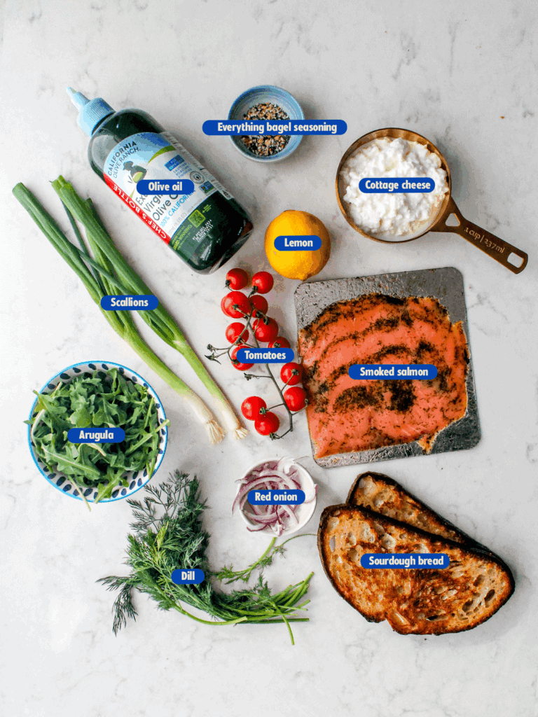 ingredients for cottage cheese toast with smoked salmon