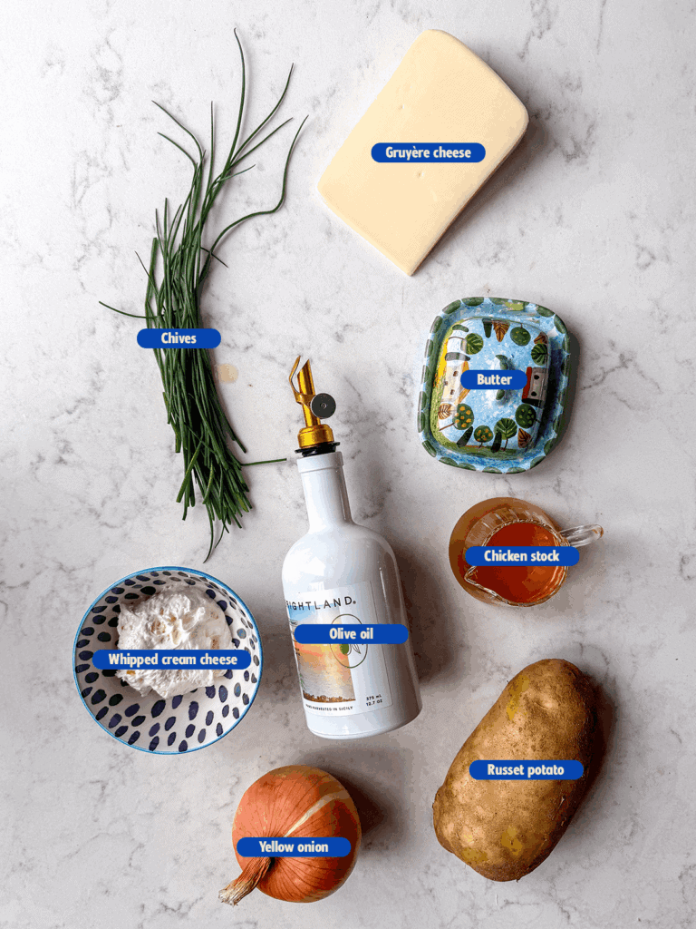 labeled ingredients for french onion baked potatoes
