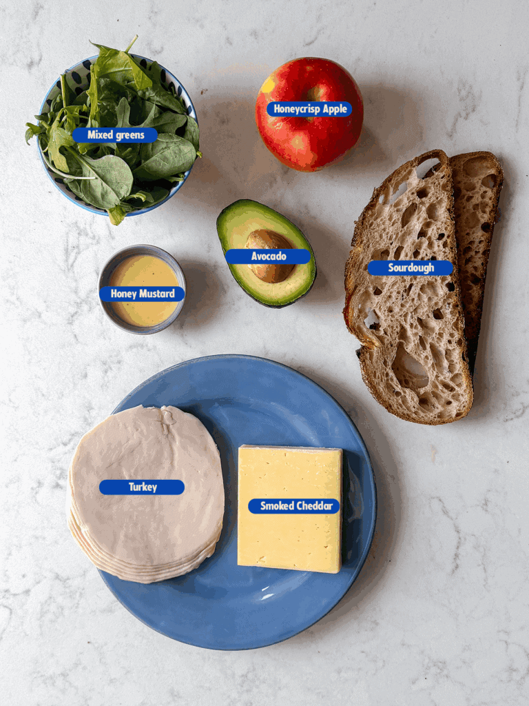 labeled ingredients for apple turkey cheddar sandwich